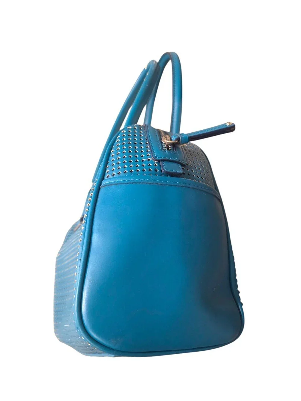 Nine West Teal Blue Perforated Satchel Shoulder Bag Purse Floral Lining